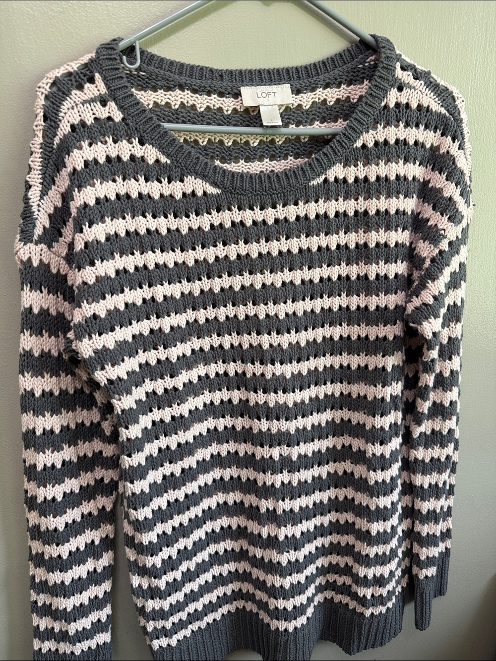LOFT Gray and Light Pink Striped Crewneck Sweater